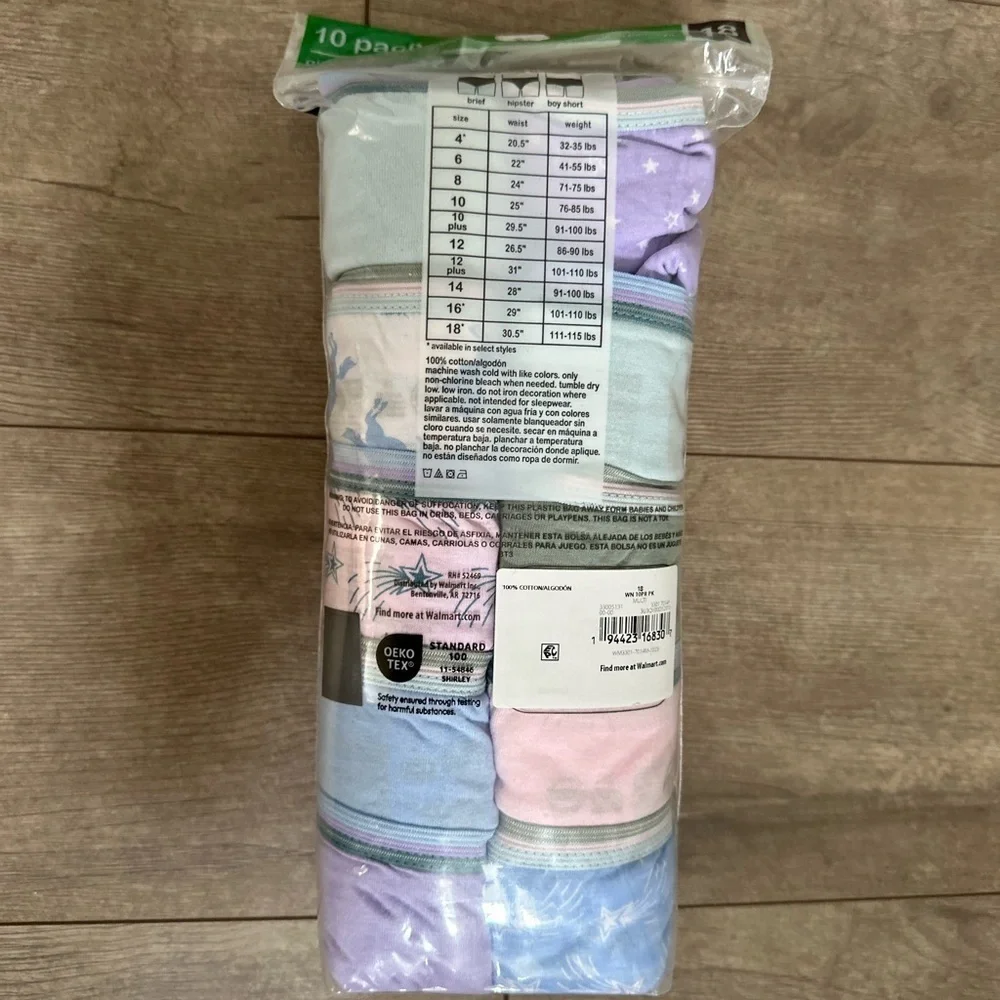 Wonder Nation Girl's 10 Pack Briefs Soft Tagless Unicorn size 18 New